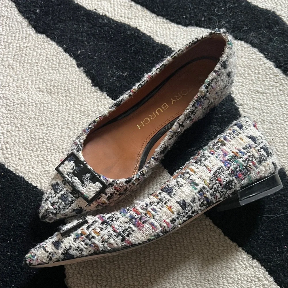 Tory Burch Women's Ivory Multicolor Tweed Pointy Toe Flats - Picture 9 of 12
